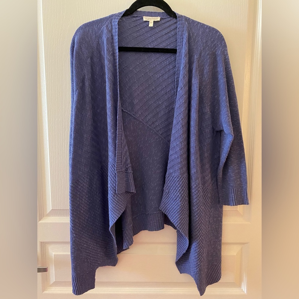 EILEEN FISHER Linen-Blend Slub Stitch Boxy Open Drape Cardigan in Purple - M